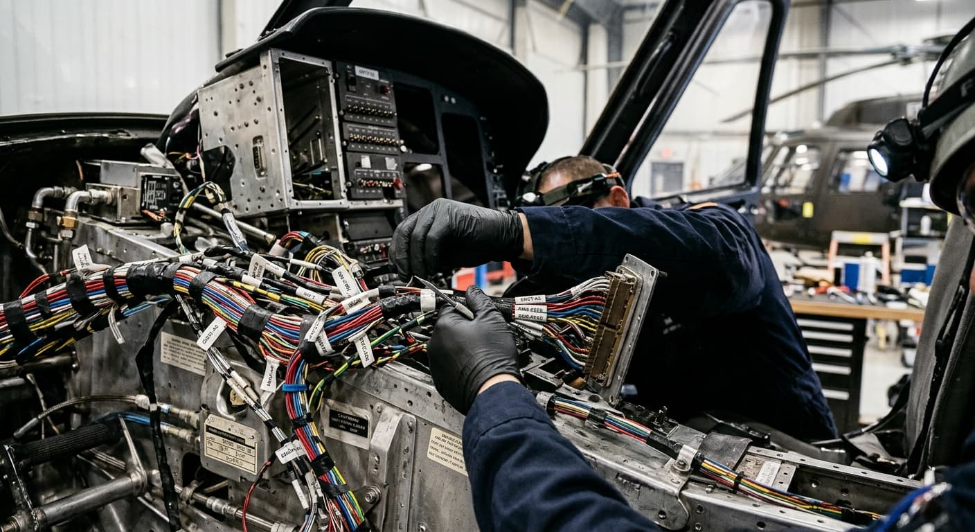 Technicians working on the wiring behind a helicopter instrument panel in a hangar