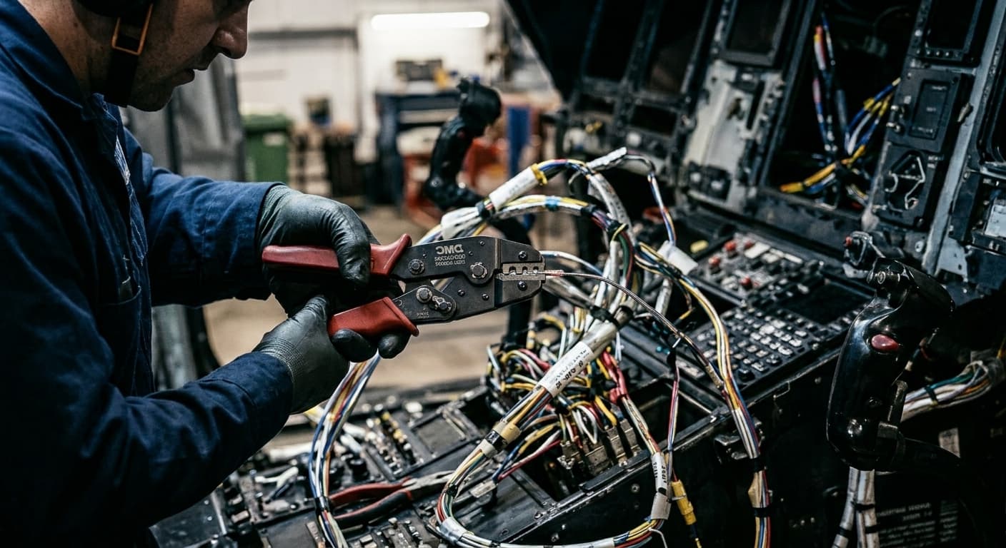 Technician crimping a terminal on a wiring harness next to the instrument panel